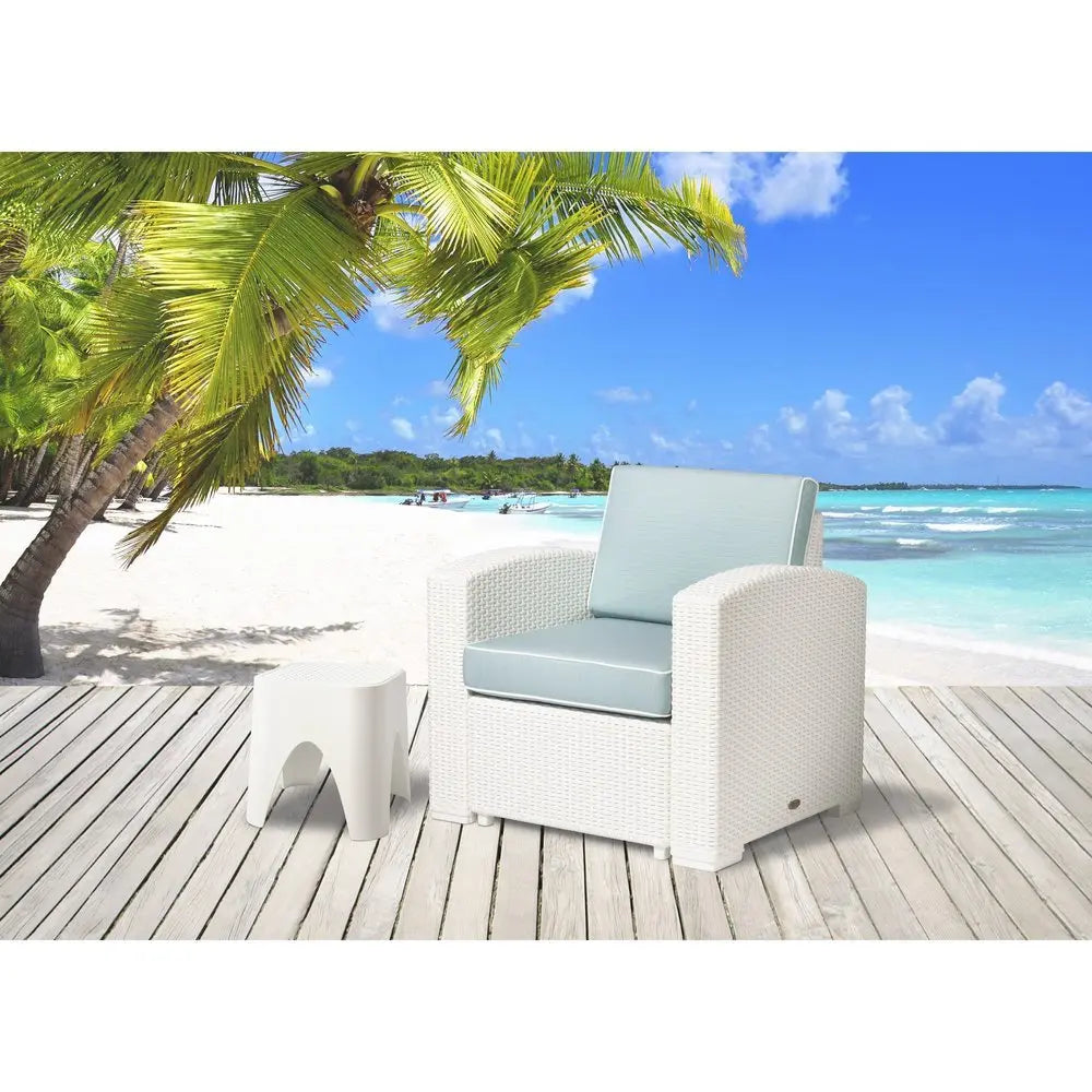 33" White Heavy Duty Plastic Outdoor Club Chair With Aqua Blue Cushion - NOBLE HOME INTERIORS