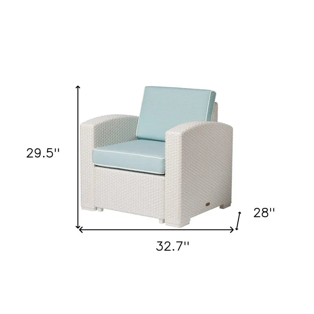 33" White Heavy Duty Plastic Outdoor Club Chair With Aqua Blue Cushion - NOBLE HOME INTERIORS