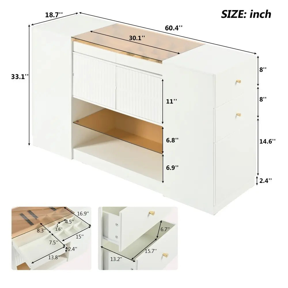 33" White Wood And Glass Six Drawer Island Vanity Dresser - NOBLE HOME INTERIORS