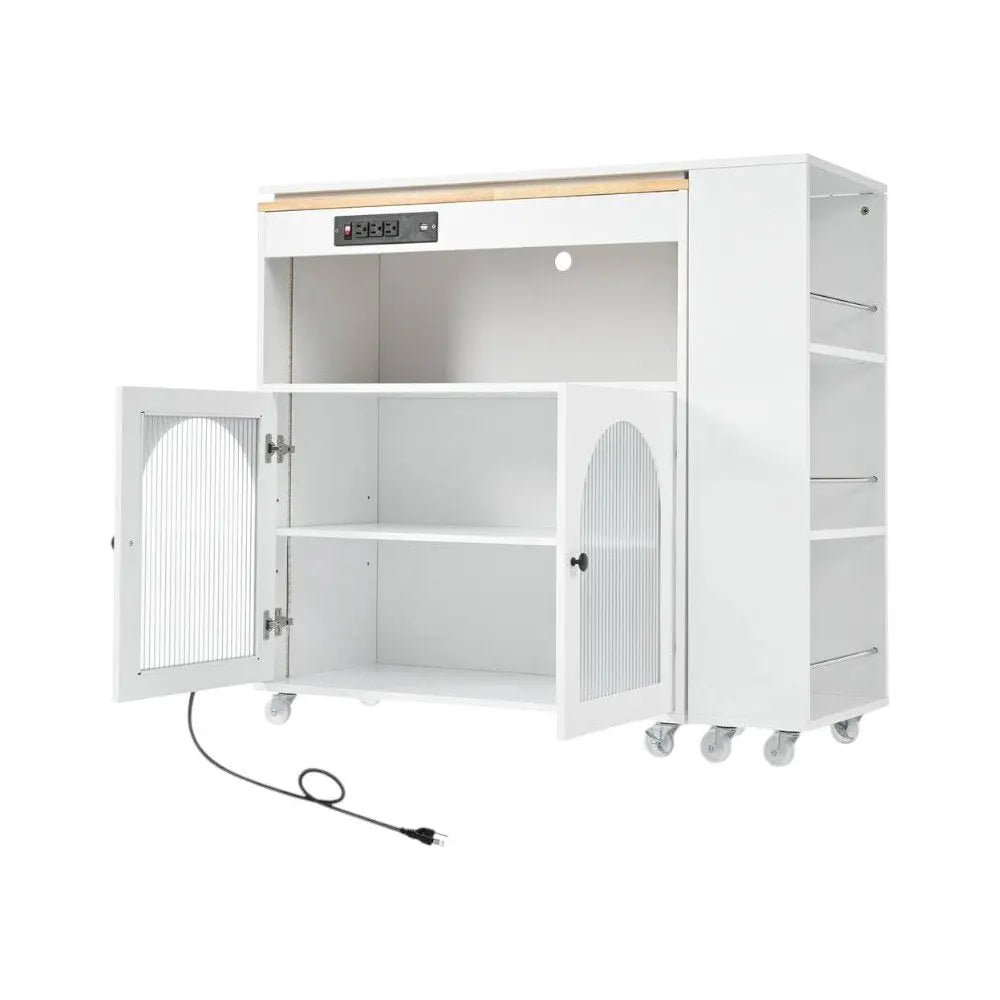 33" White Wood Barn Door Rolling Kitchen Island With Storage With USB - NOVA HOME FURNITURE