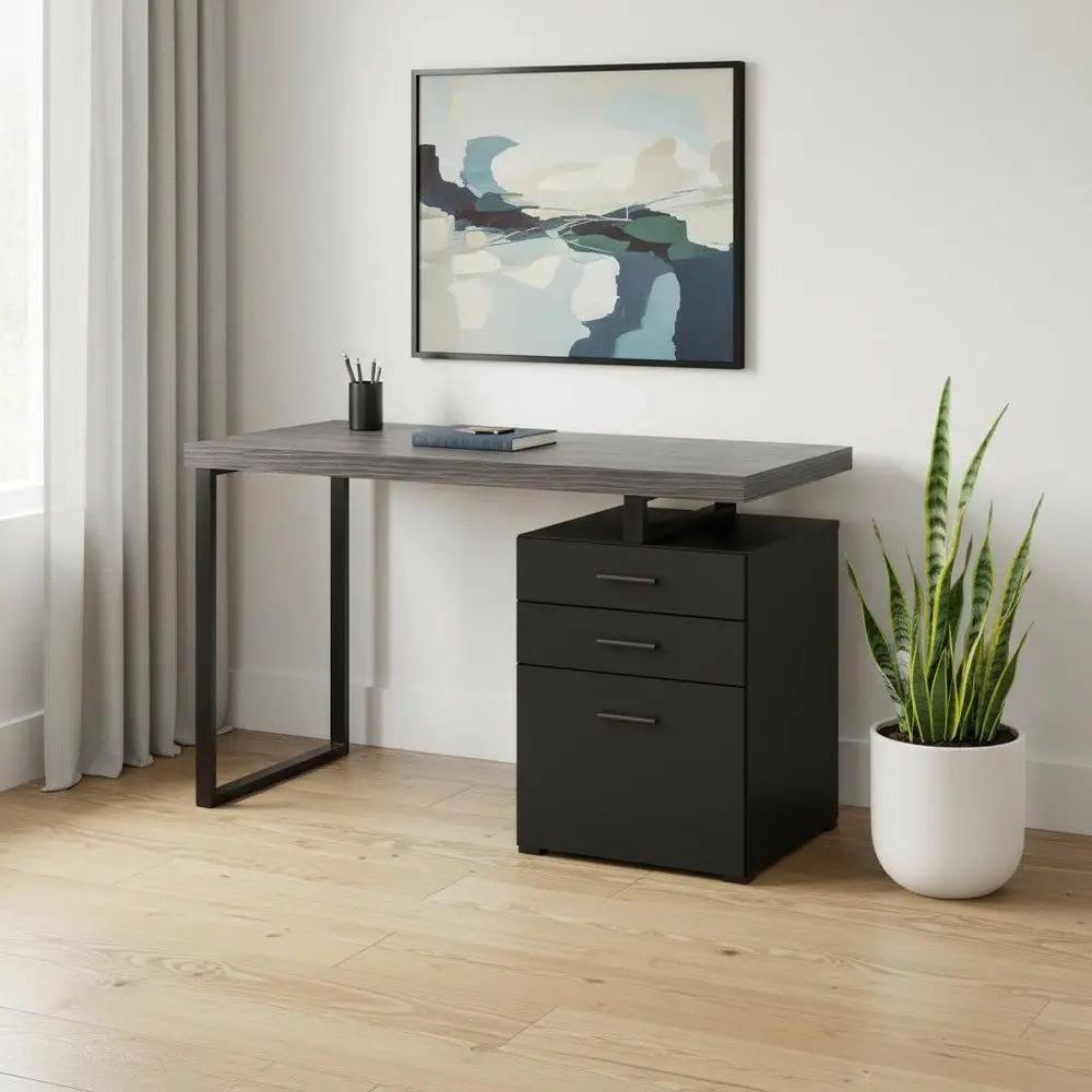 24" Gray and Black Computer Desk With Three Drawers HomeRoots