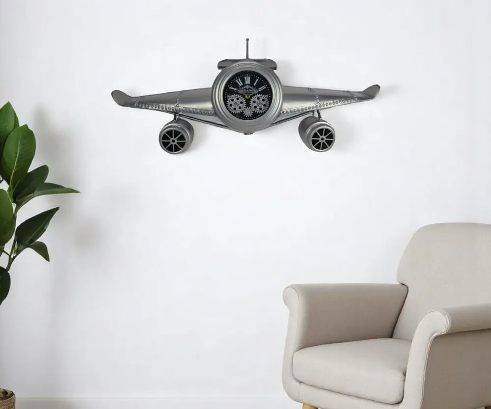 34" Silver And Black Metal Silent Analog Exposed Gear Novelty Wall Clock - NOBLE HOME INTERIORS