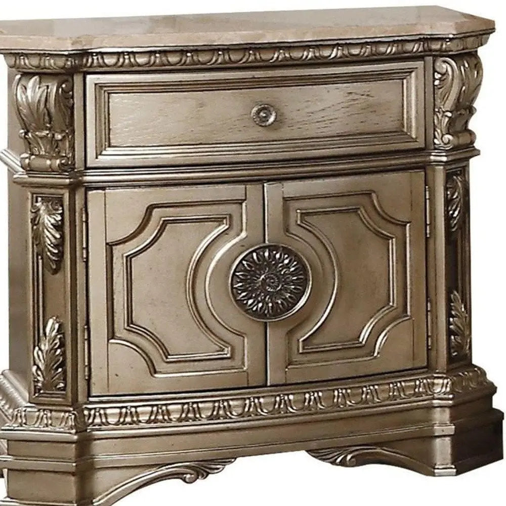 29" Champagne One Drawer Faux Marble and Solid Wood Nightstand With Storage HomeRoots