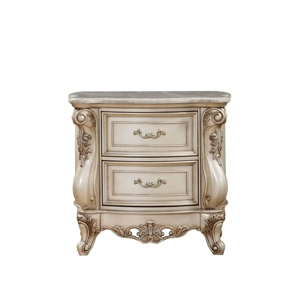 32" Antiqued White Two Drawers Mirrored Nightstand HomeRoots