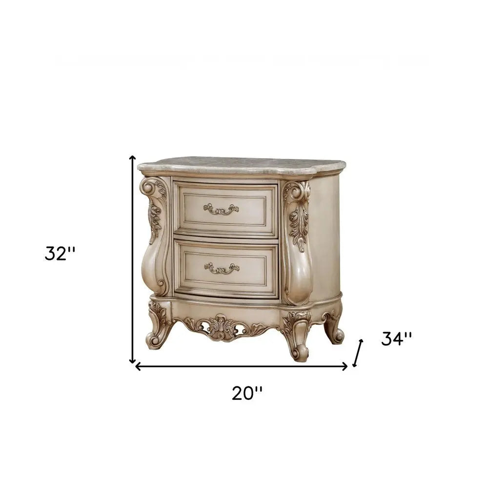 32" Antiqued White Two Drawers Mirrored Nightstand HomeRoots