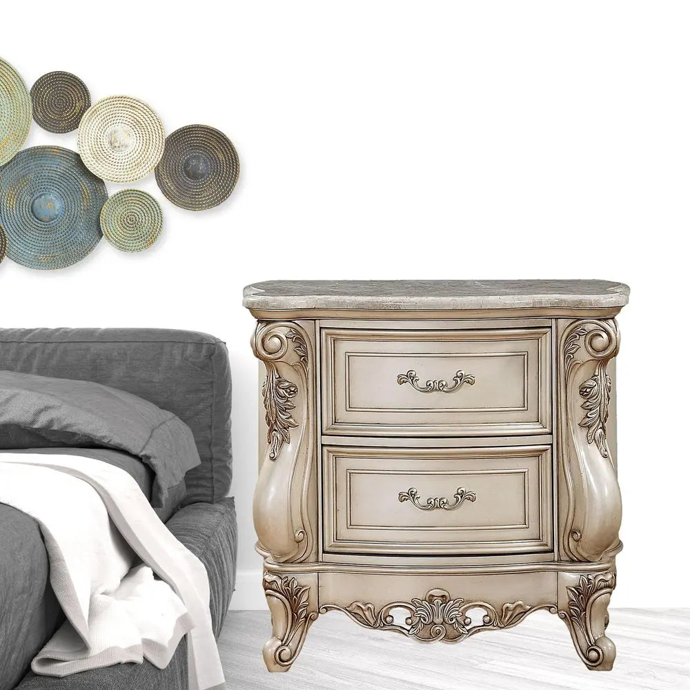 32" Antiqued White Two Drawers Mirrored Nightstand HomeRoots