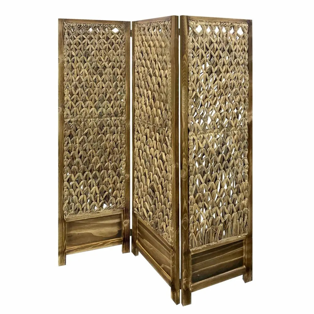 Casual Wood And Seagrass Three Panel Room Divider Screen HomeRoots