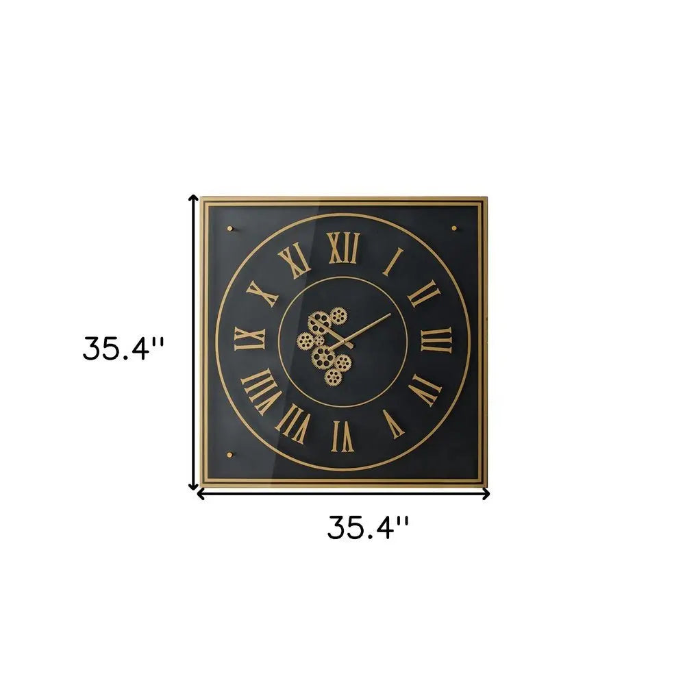 35" Black And Gold Glass And Metal Exposed Gear Square Wall Clock - NOBLE HOME INTERIORS