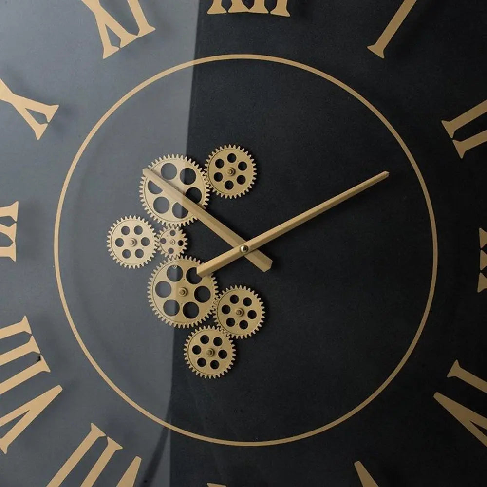35" Black And Gold Glass And Metal Exposed Gear Square Wall Clock - NOBLE HOME INTERIORS