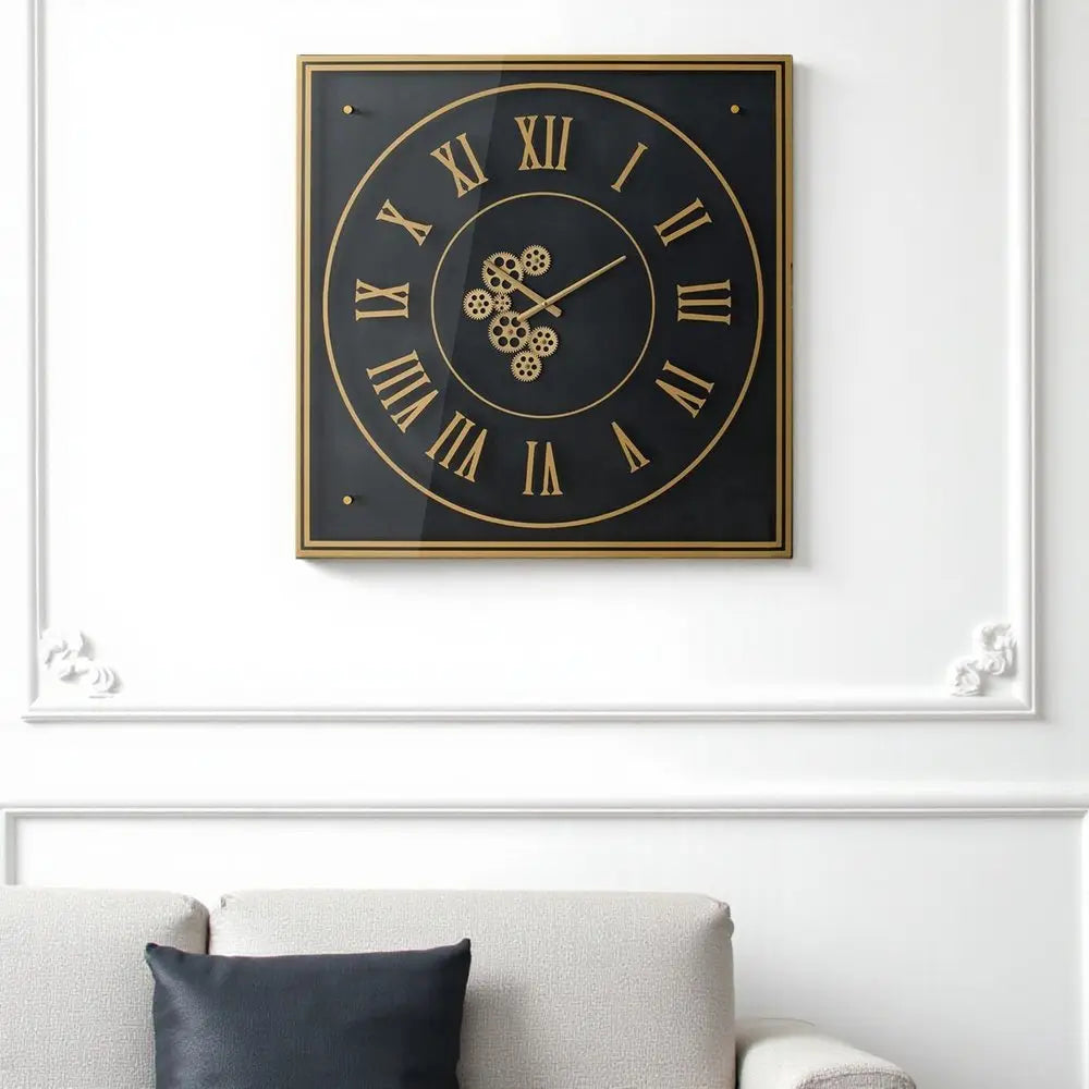 35" Black And Gold Glass And Metal Exposed Gear Square Wall Clock - NOBLE HOME INTERIORS