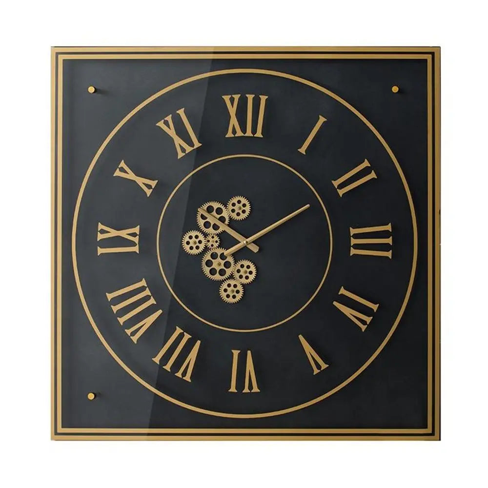 35" Black And Gold Glass And Metal Exposed Gear Square Wall Clock - NOBLE HOME INTERIORS