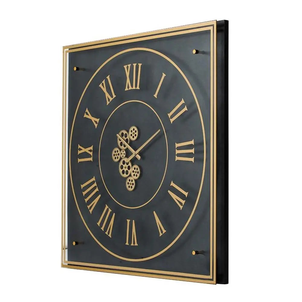 35" Black And Gold Glass And Metal Exposed Gear Square Wall Clock - NOBLE HOME INTERIORS