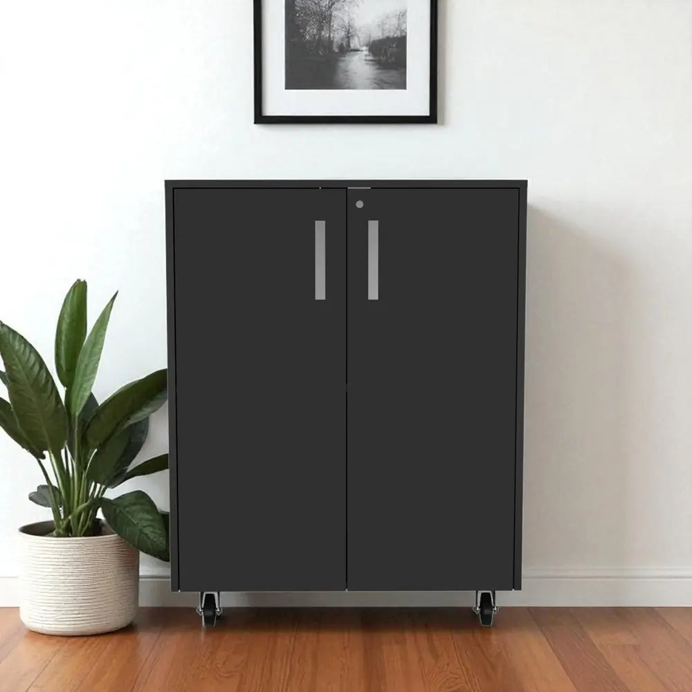 35" Black Wood Rolling Storage Cabinet With Two Doors - NOVA HOME FURNITURE