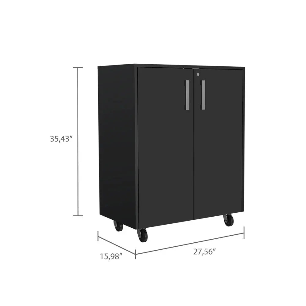 35" Black Wood Rolling Storage Cabinet With Two Doors - NOVA HOME FURNITURE