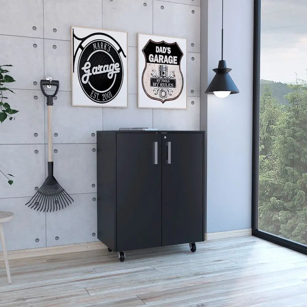 35" Black Wood Rolling Storage Cabinet With Two Doors - NOVA HOME FURNITURE