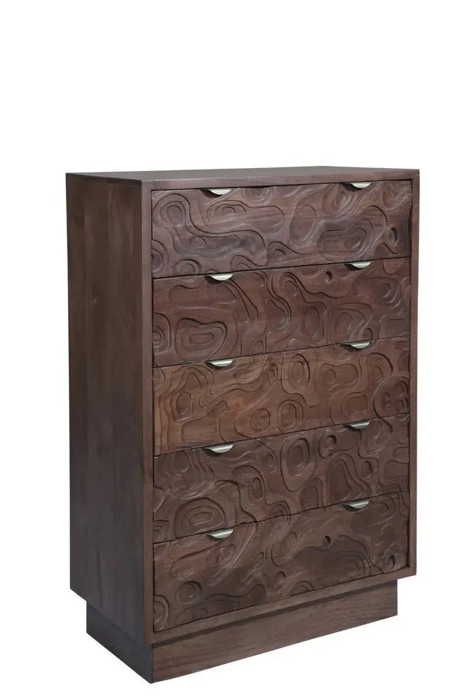 35" Brown Carved Abstract Solid Wood Five Drawer Dresser - NOBLE HOME INTERIORS