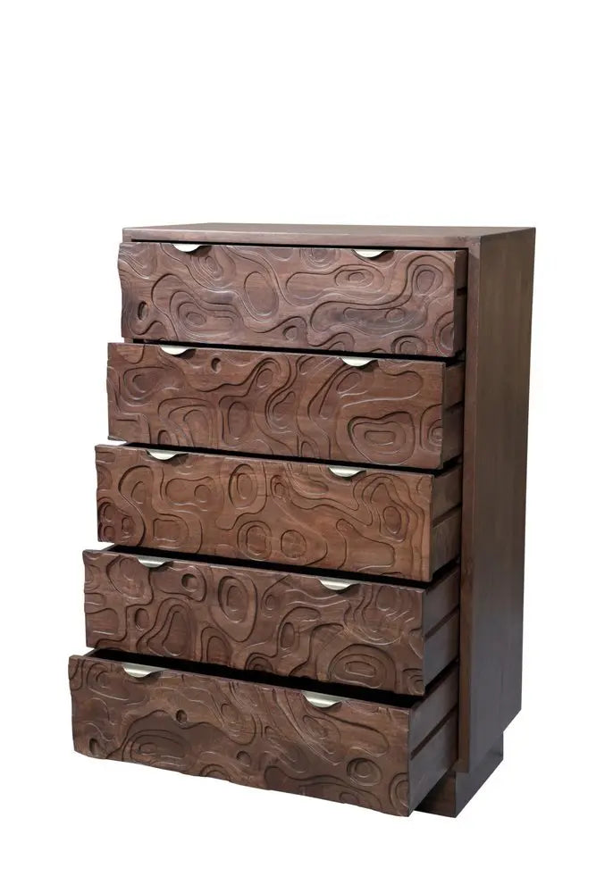 35" Brown Carved Abstract Solid Wood Five Drawer Dresser - NOBLE HOME INTERIORS