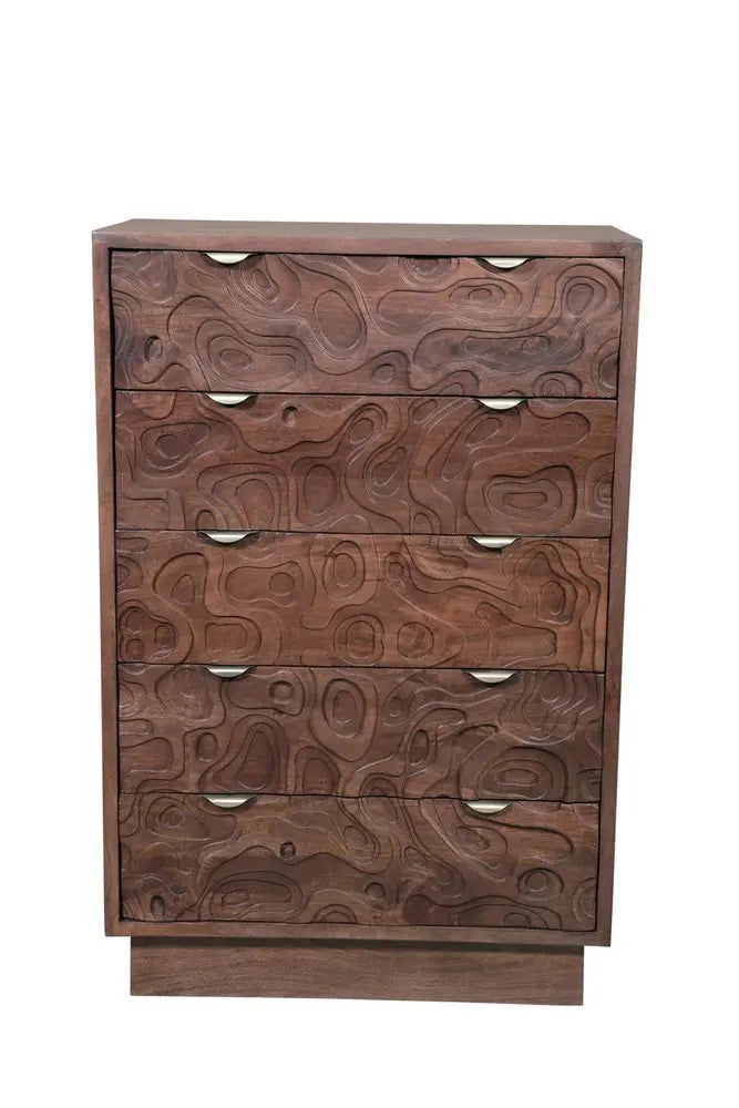 35" Brown Carved Abstract Solid Wood Five Drawer Dresser - NOBLE HOME INTERIORS