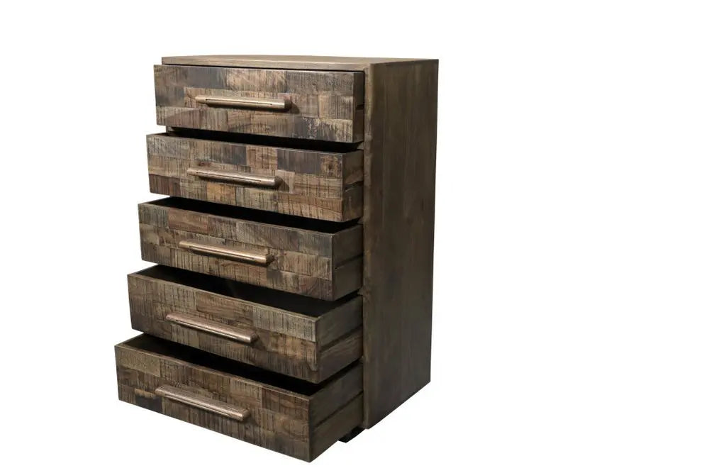 35" Brown Carved Geometric Solid Wood Five Drawer Dresser - NOBLE HOME INTERIORS