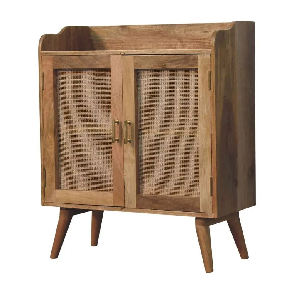 35" Brown Distressed Solid Wood Inlaid Rattan Accent Cabinet With Two Doors - NOVA HOME FURNITURE
