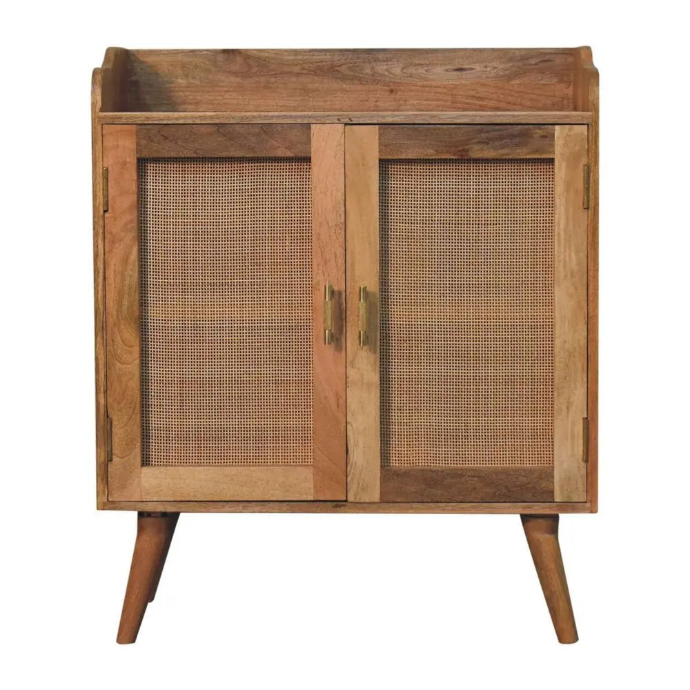 35" Brown Distressed Solid Wood Inlaid Rattan Accent Cabinet With Two Doors - NOVA HOME FURNITURE