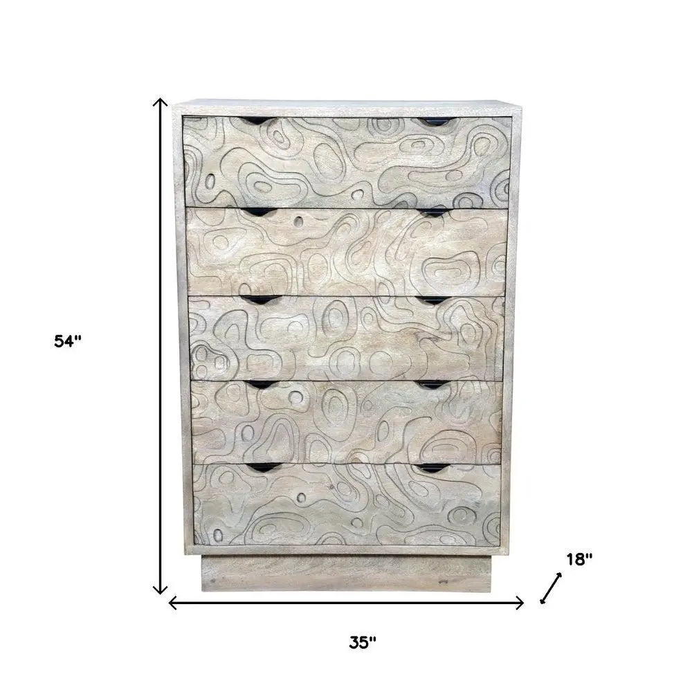 35" Gray Carved Abstract Solid Wood Five Drawer Dresser - NOBLE HOME INTERIORS