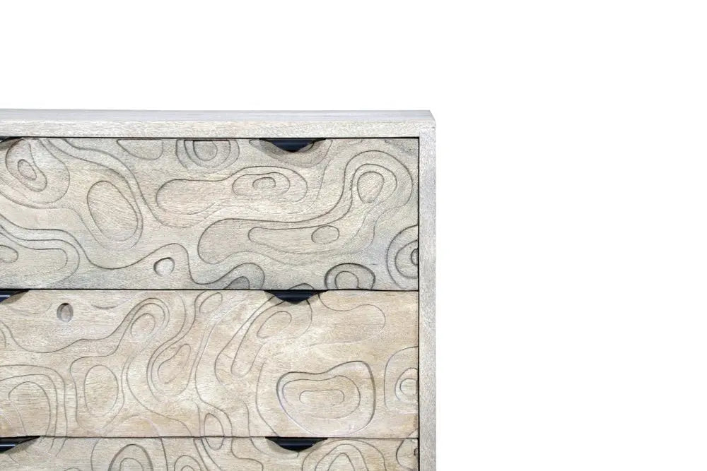 35" Gray Carved Abstract Solid Wood Five Drawer Dresser - NOBLE HOME INTERIORS