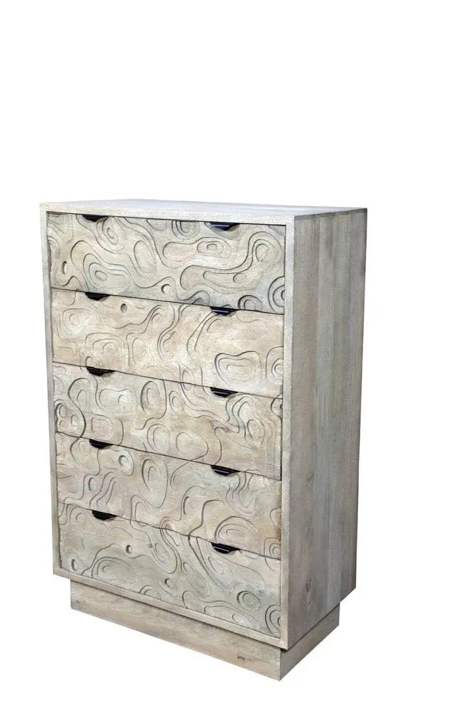 35" Gray Carved Abstract Solid Wood Five Drawer Dresser - NOBLE HOME INTERIORS