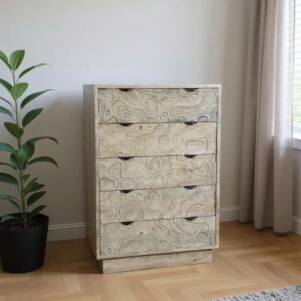 35" Gray Carved Abstract Solid Wood Five Drawer Dresser - NOBLE HOME INTERIORS