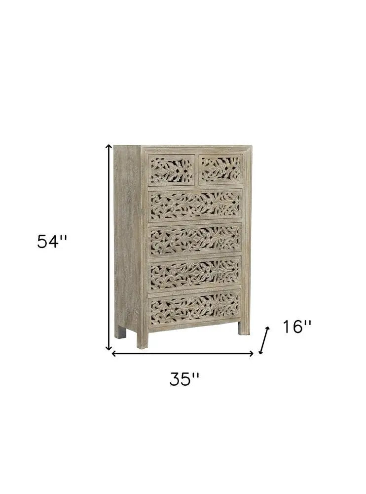 35" Gray Carved Floral Solid Wood Six Drawer Dresser - NOBLE HOME INTERIORS