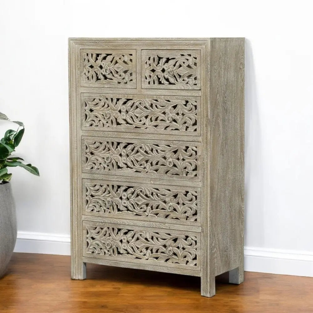 35" Gray Carved Floral Solid Wood Six Drawer Dresser - NOBLE HOME INTERIORS