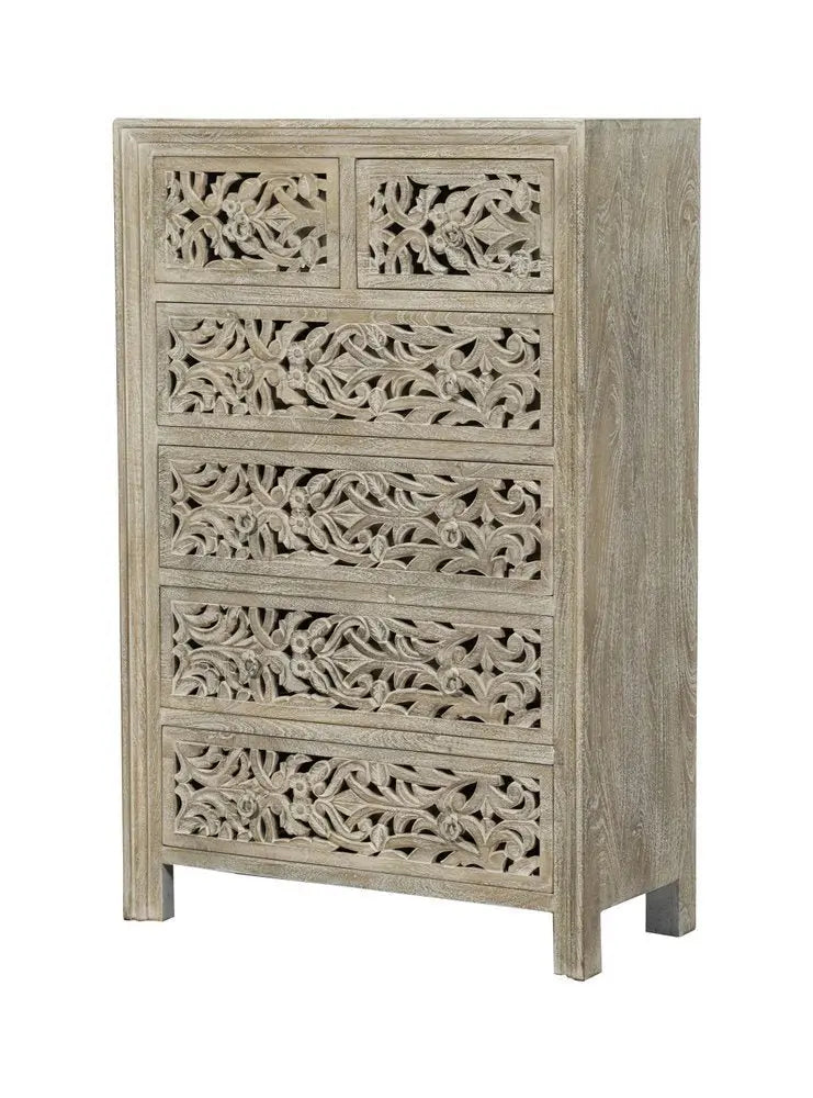 35" Gray Carved Floral Solid Wood Six Drawer Dresser - NOBLE HOME INTERIORS