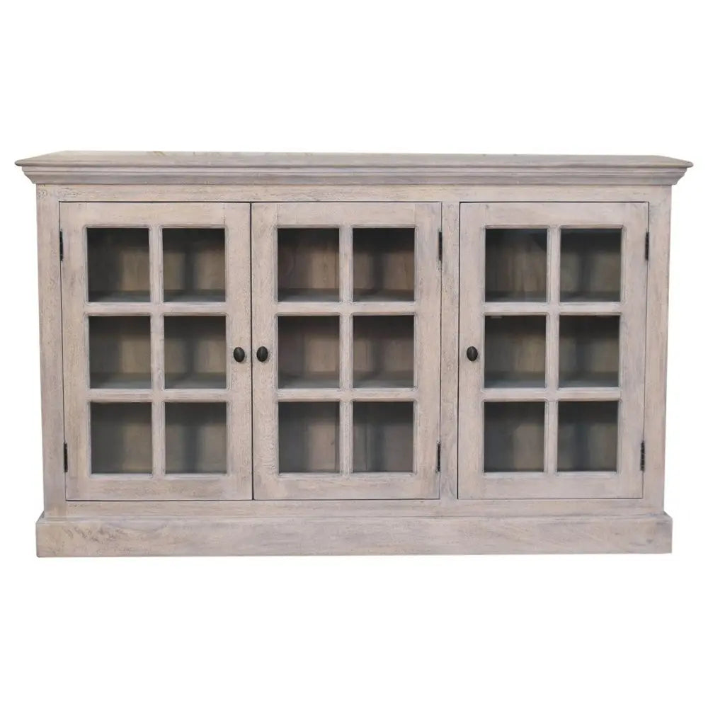 35" Light Gray and Clear Distressed Solid Wood Accent Cabinet With Three Doors - NOVA HOME FURNITURE