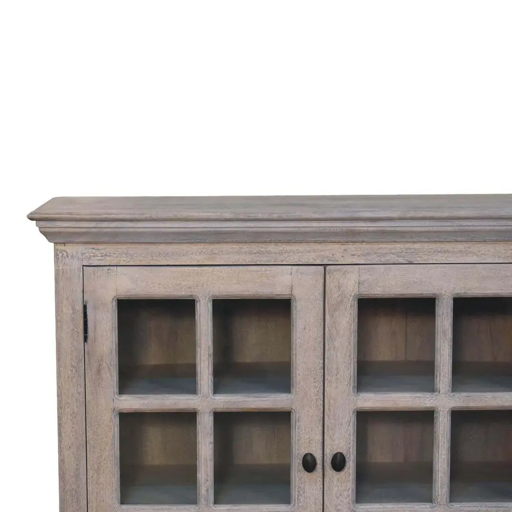 35" Light Gray and Clear Distressed Solid Wood Accent Cabinet With Three Doors - NOVA HOME FURNITURE