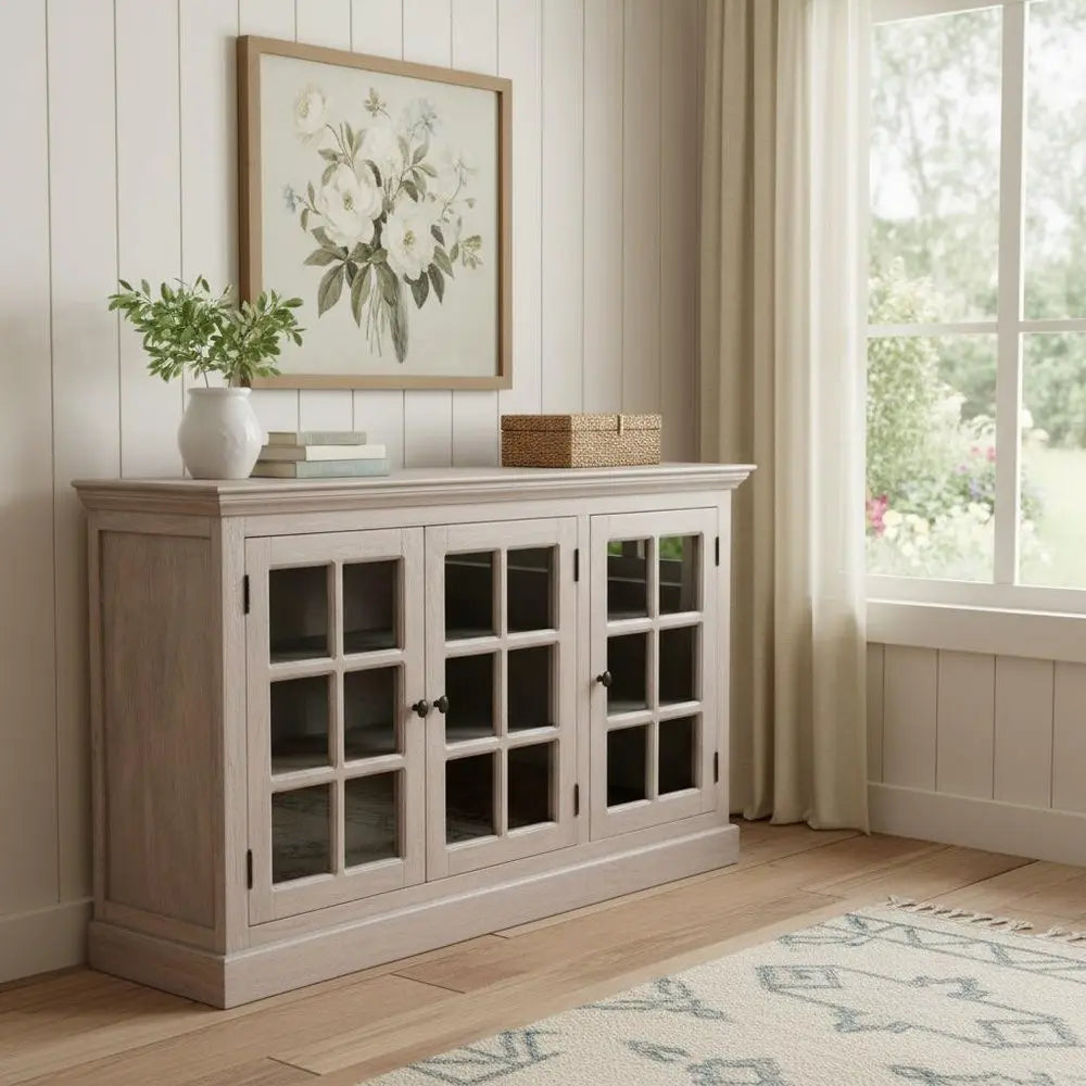 35" Light Gray and Clear Distressed Solid Wood Accent Cabinet With Three Doors - NOVA HOME FURNITURE