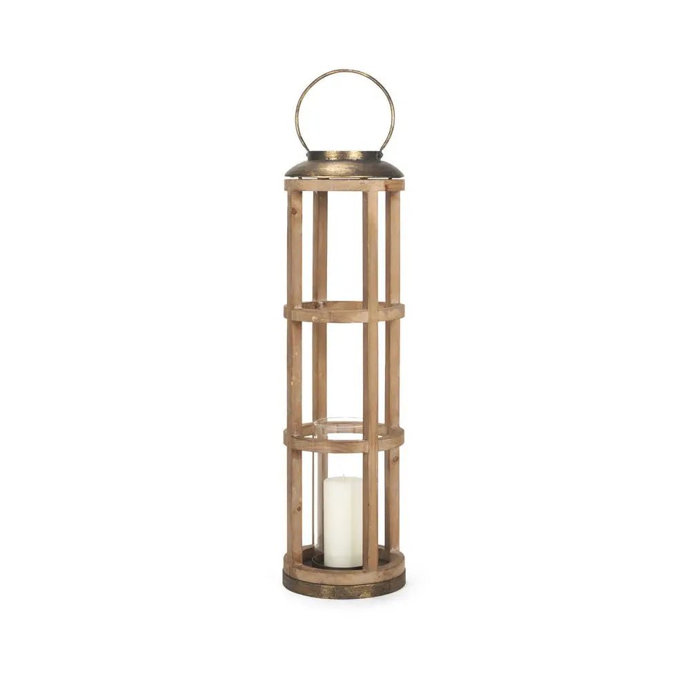 35" Natural And Brass Distressed Geometric Solid Wood And Metal Tabletop Lantern Candle Holder HomeRoots