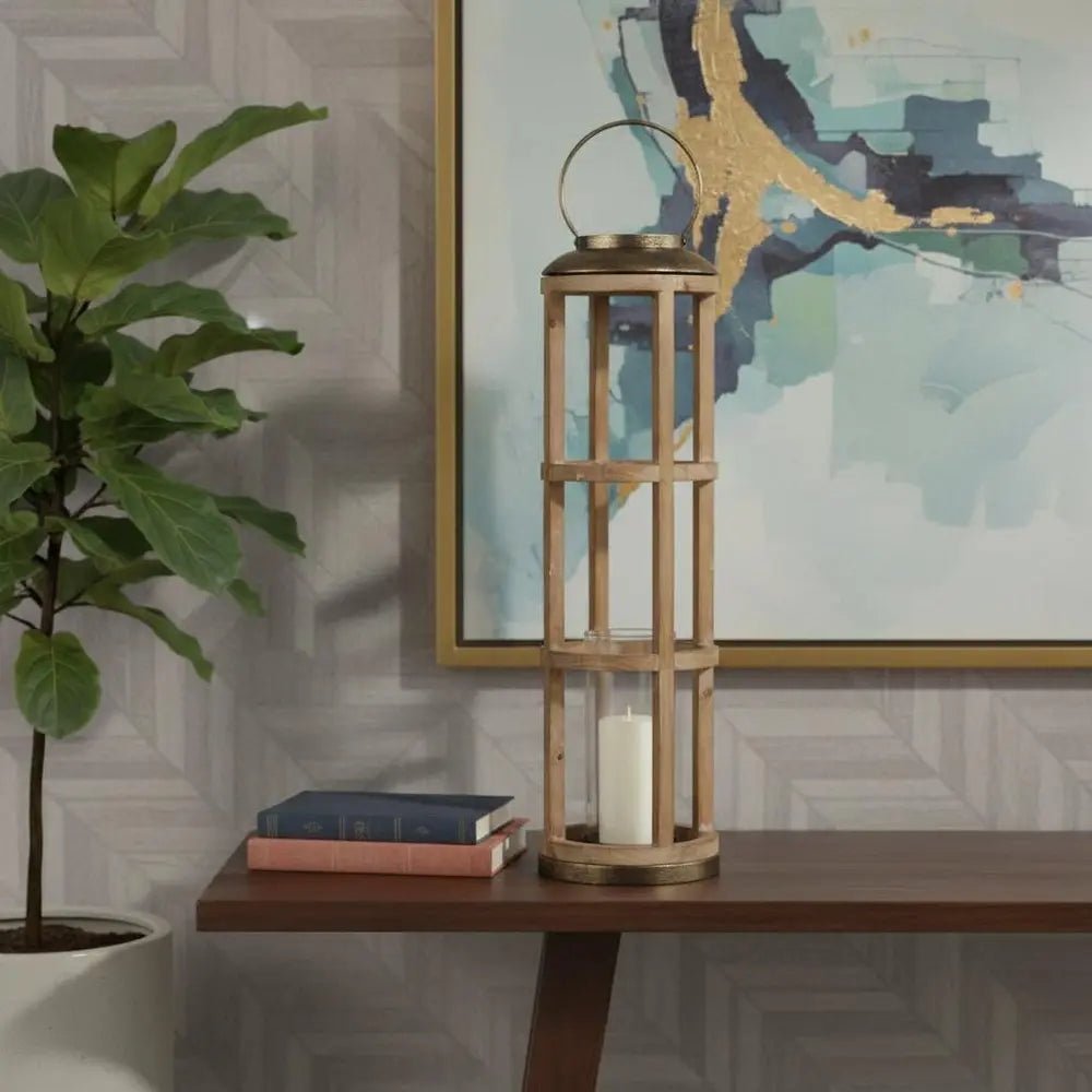 35" Natural And Brass Distressed Geometric Solid Wood And Metal Tabletop Lantern Candle Holder HomeRoots