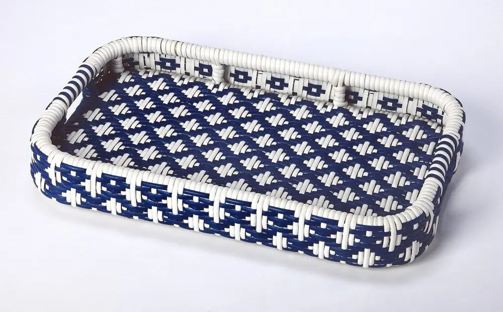 35" Navy Blue White And Natural Rolling Rattan Bar Cart - NOVA HOME FURNITURE