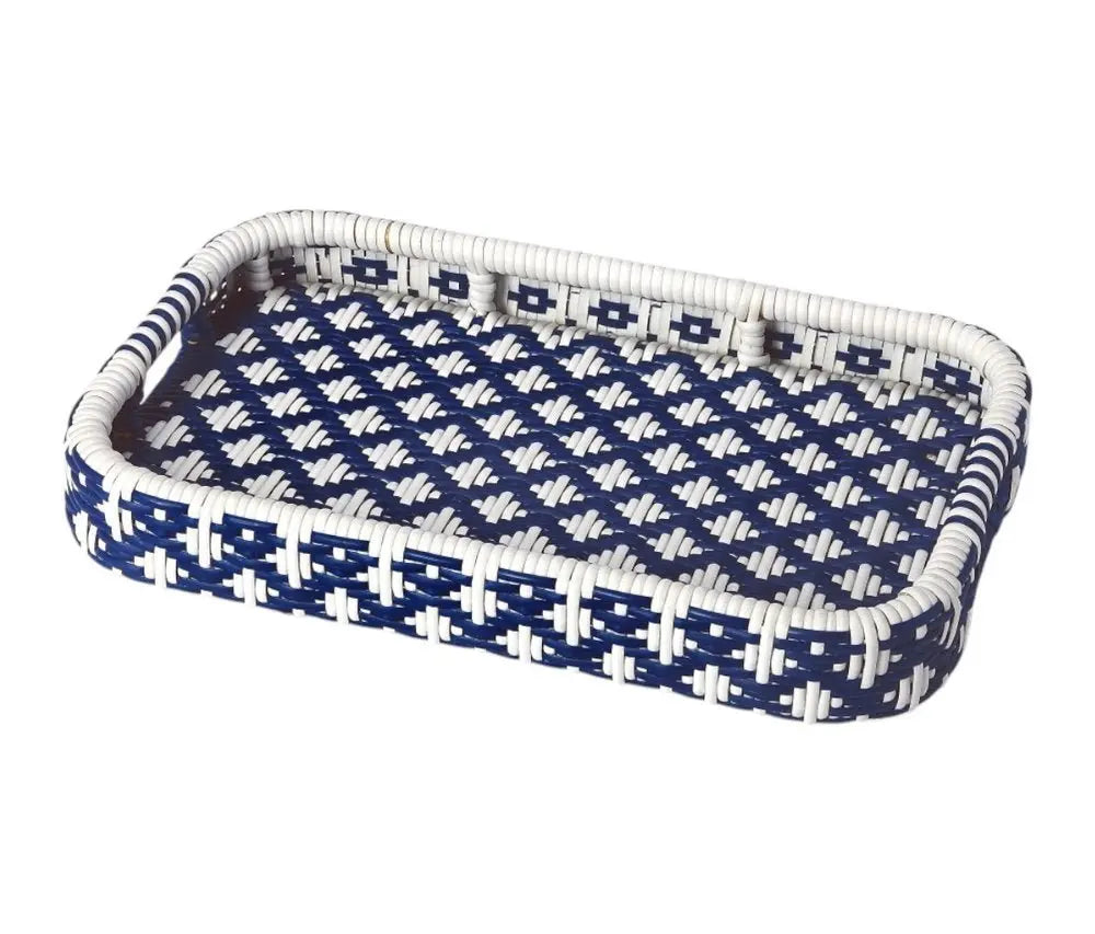 35" Navy Blue White And Natural Rolling Rattan Bar Cart - NOVA HOME FURNITURE