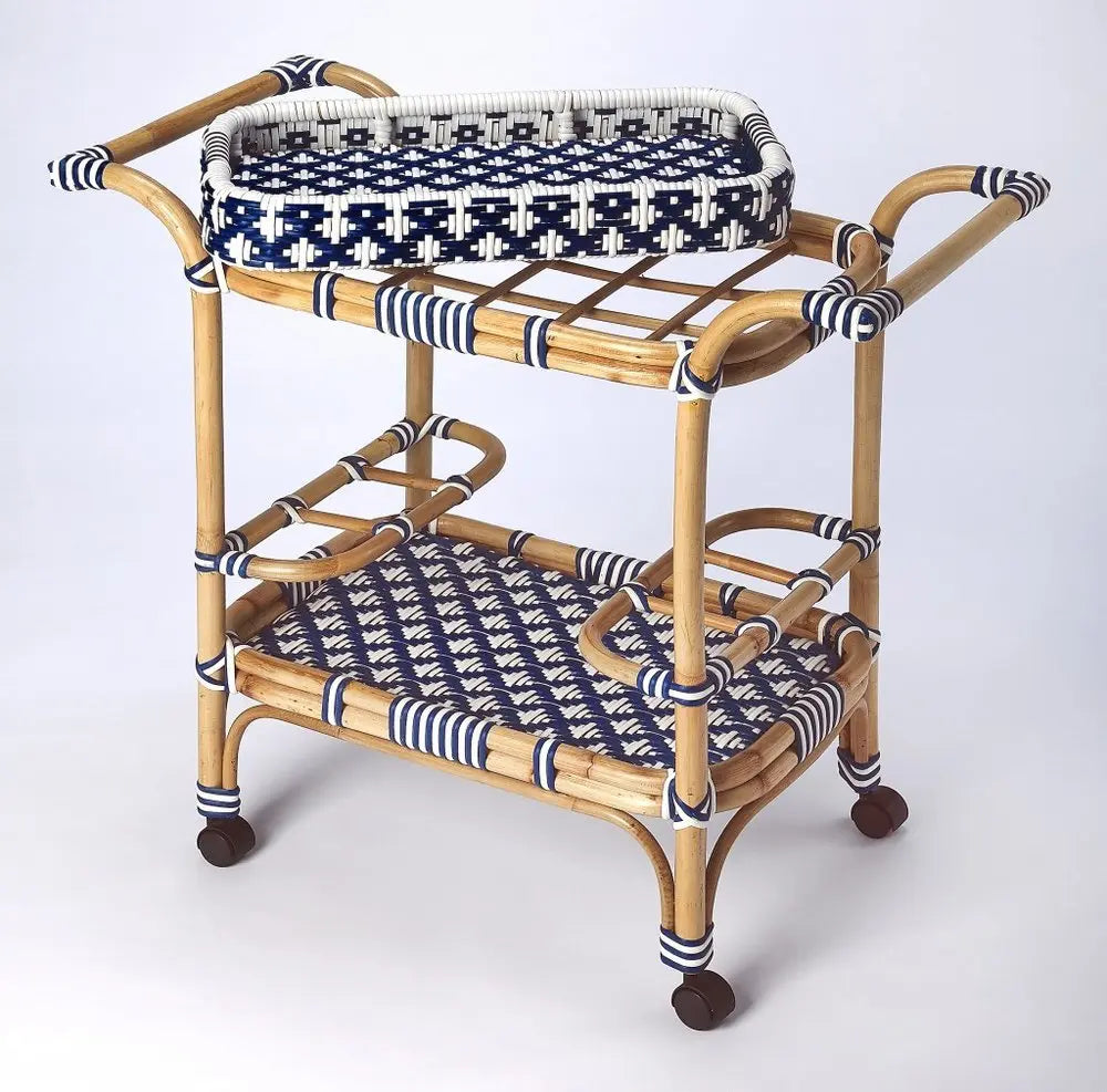 35" Navy Blue White And Natural Rolling Rattan Bar Cart - NOVA HOME FURNITURE