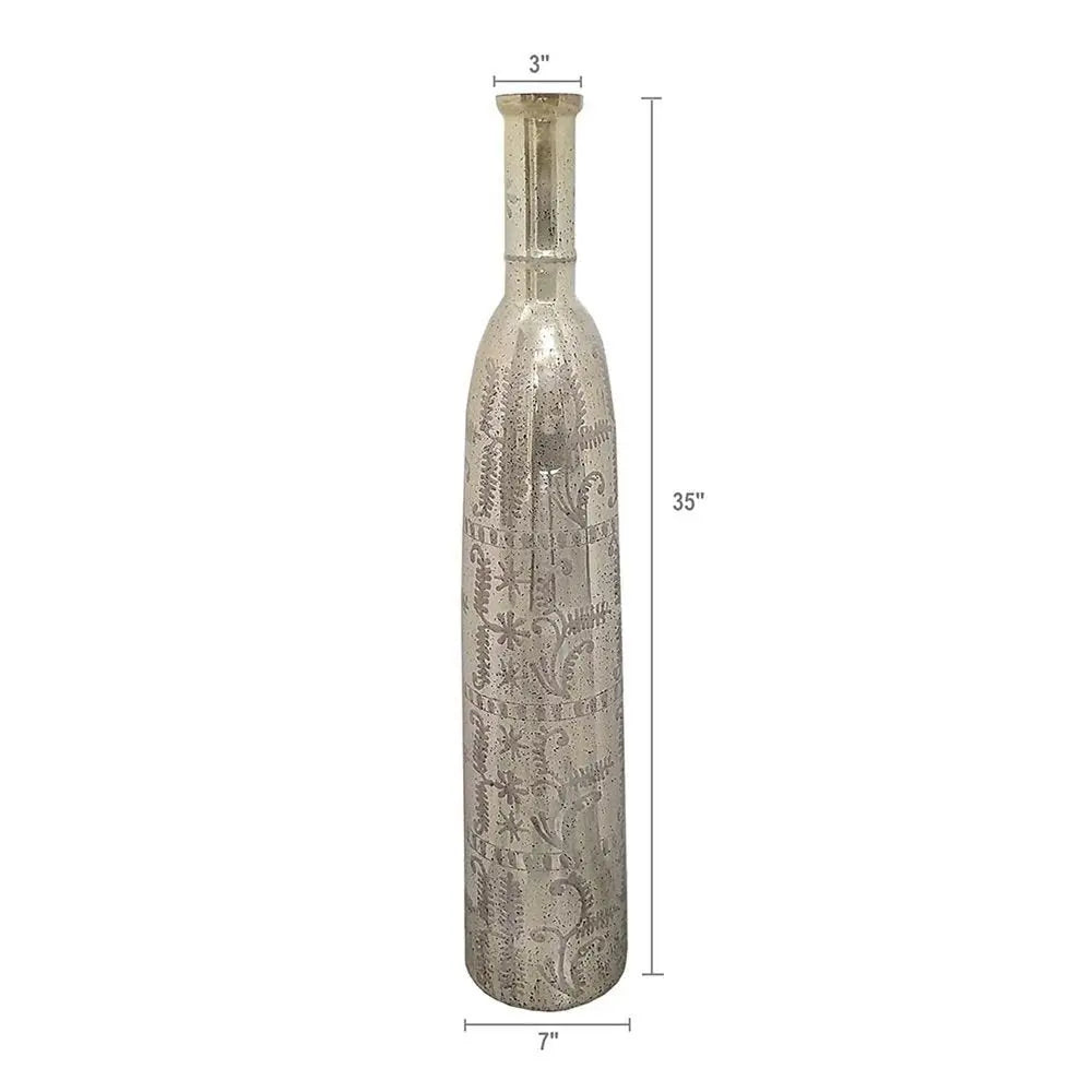 35" Silver Floral Glass Cylinder Floor Vase - NOBLE HOME INTERIORS