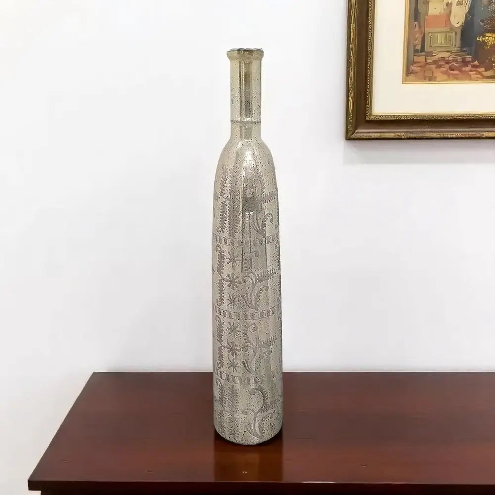 35" Silver Floral Glass Cylinder Floor Vase - NOBLE HOME INTERIORS