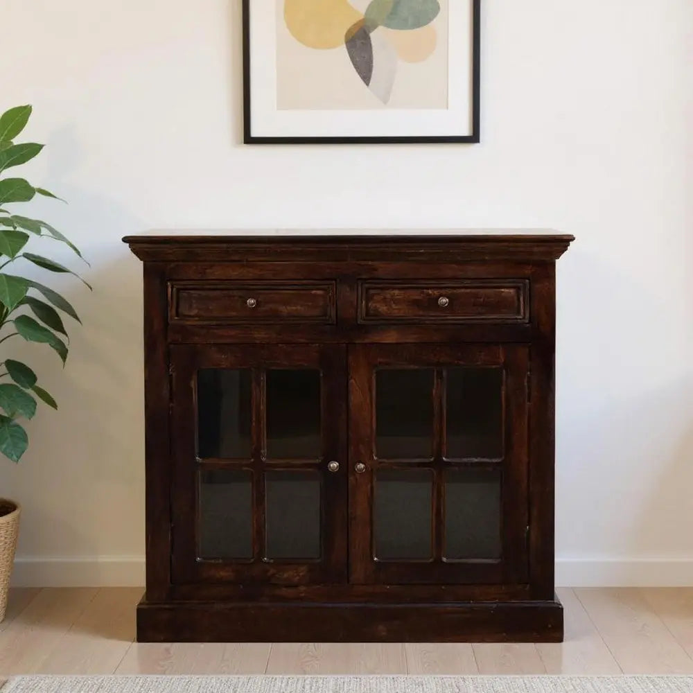 35" Walnut Solid Wood Accent Cabinet With Two Doors And Two Drawers - NOVA HOME FURNITURE