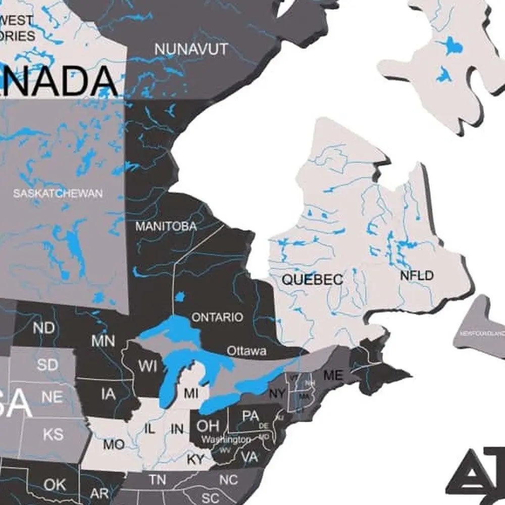 35" X 59" Black Gray and White Wood World Map Hanging Dimensional Sculpture - NOBLE HOME INTERIORS