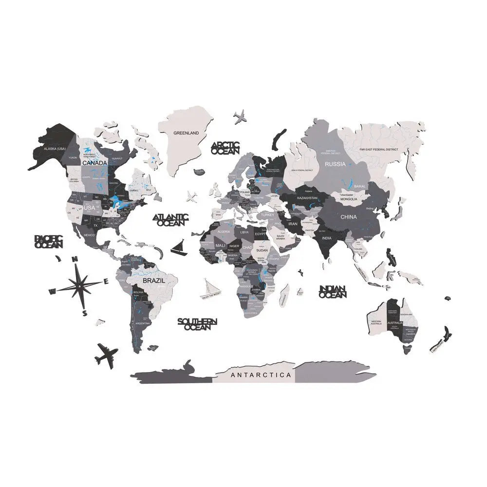 35" X 59" Black Gray and White Wood World Map Hanging Dimensional Sculpture - NOBLE HOME INTERIORS