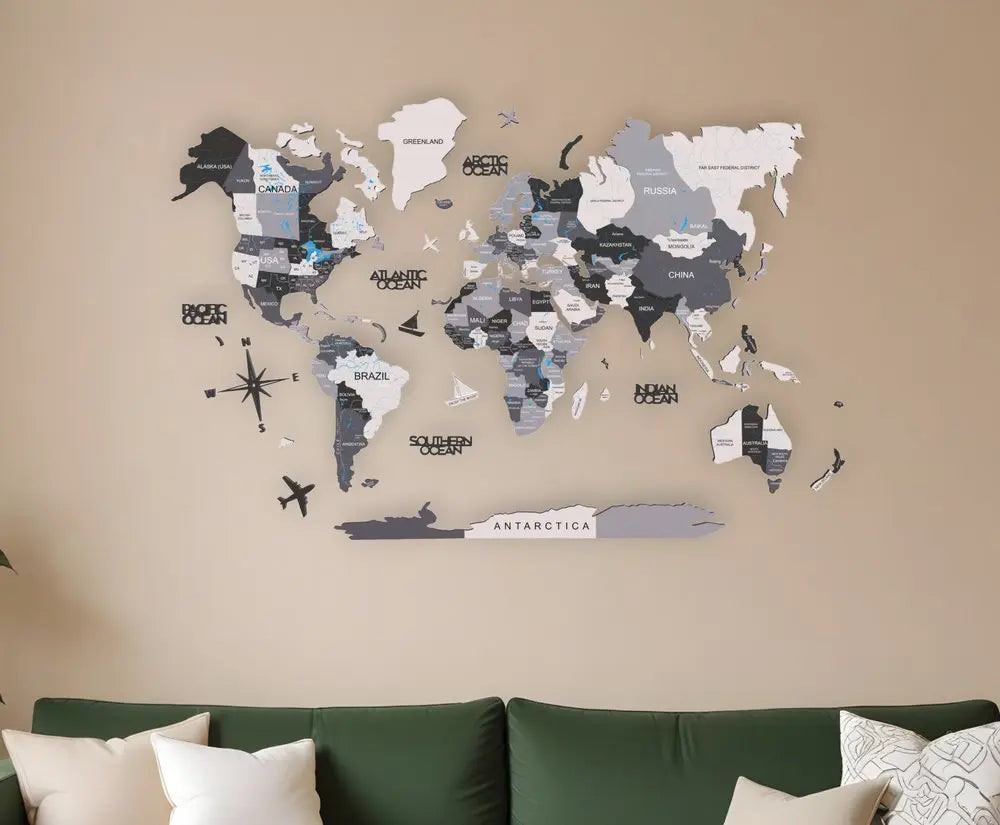 35" X 59" Black Gray and White Wood World Map Hanging Dimensional Sculpture - NOBLE HOME INTERIORS