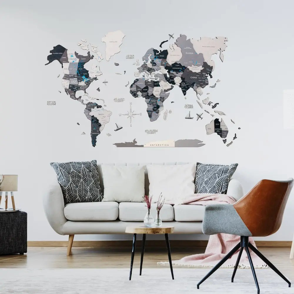 35" X 59" Black Gray and White Wood World Map Hanging Dimensional Sculpture - NOBLE HOME INTERIORS