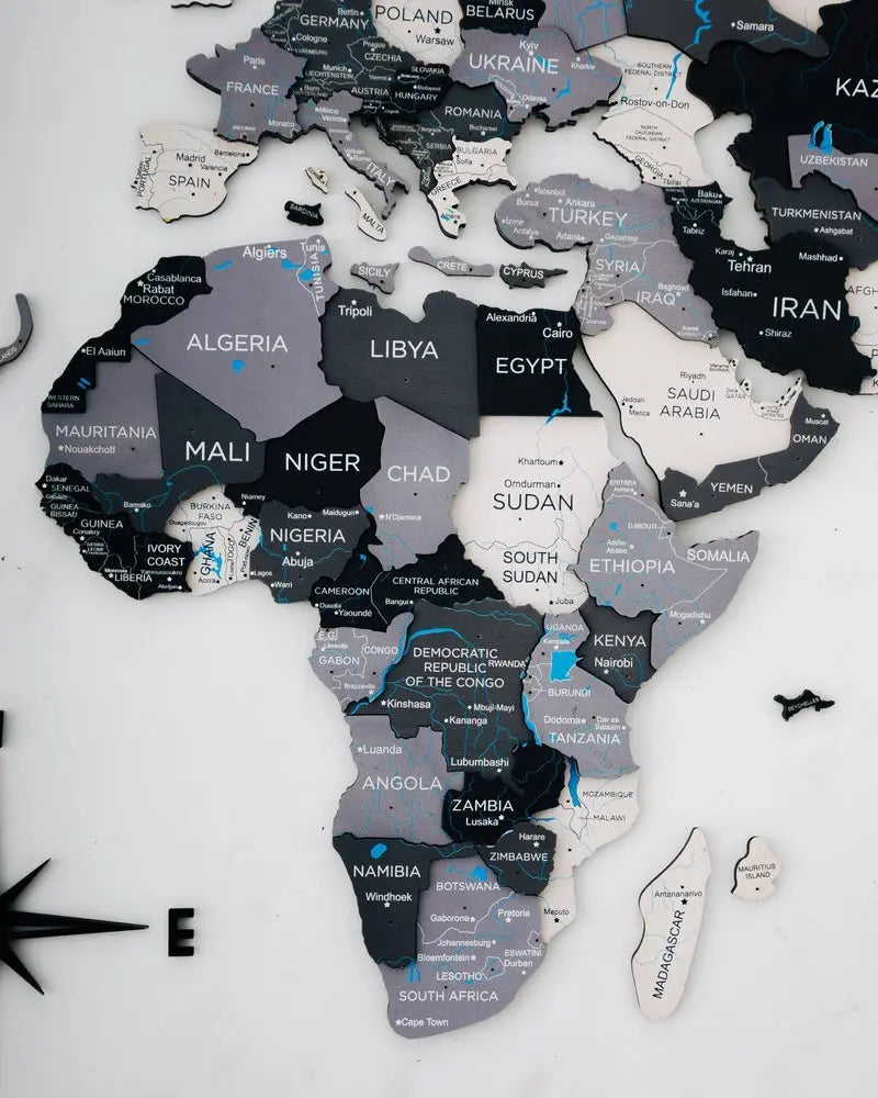 35" X 59" Black Gray and White Wood World Map Hanging Dimensional Sculpture - NOBLE HOME INTERIORS