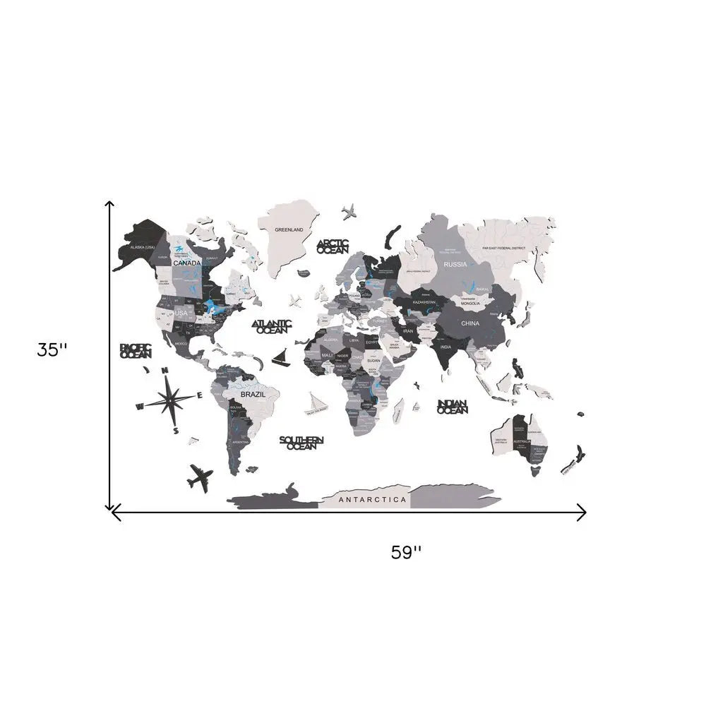 35" X 59" Black Gray and White Wood World Map Hanging Dimensional Sculpture - NOBLE HOME INTERIORS