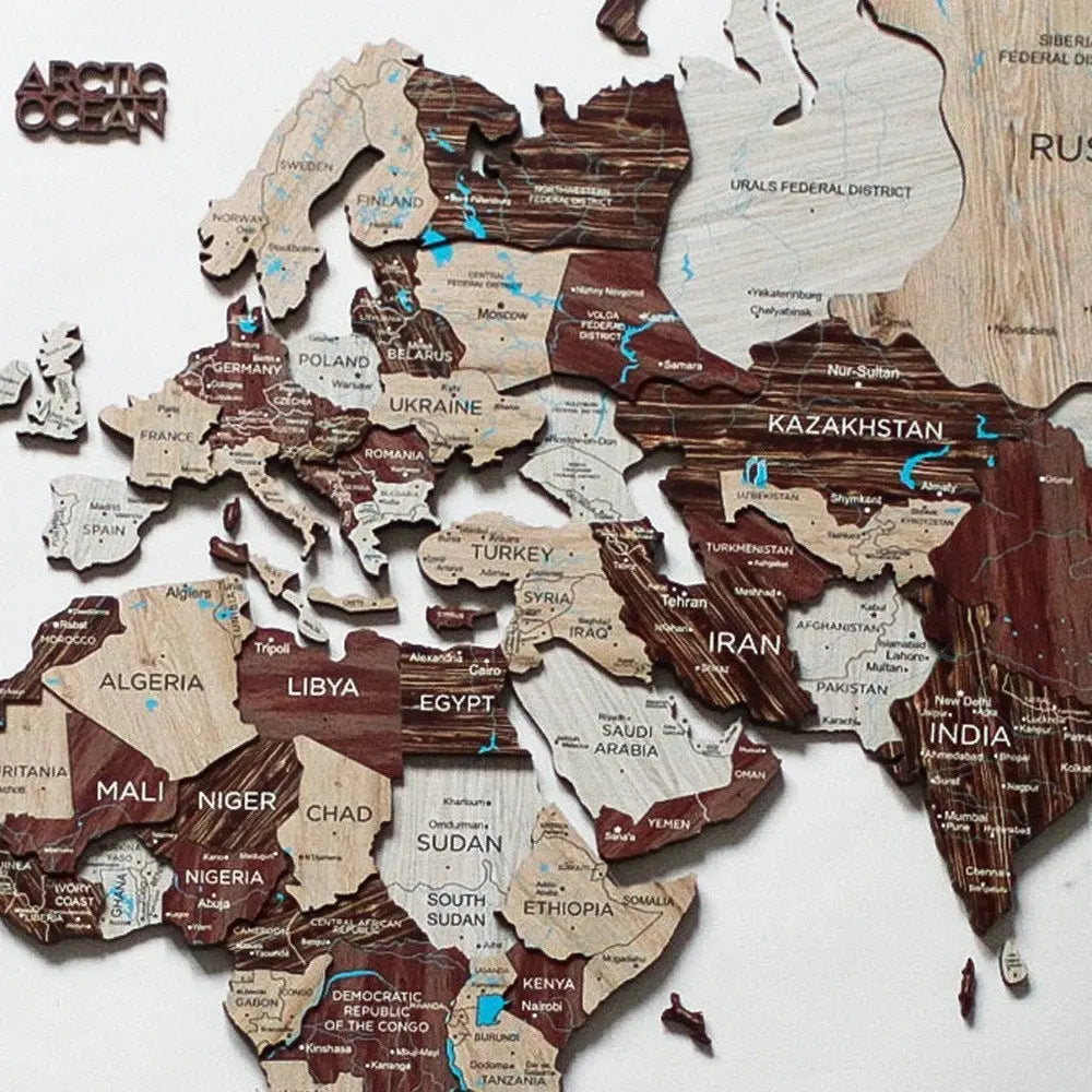 35" X 59" Brown and Beige Wood World Map Hanging Dimensional Sculpture - NOBLE HOME INTERIORS